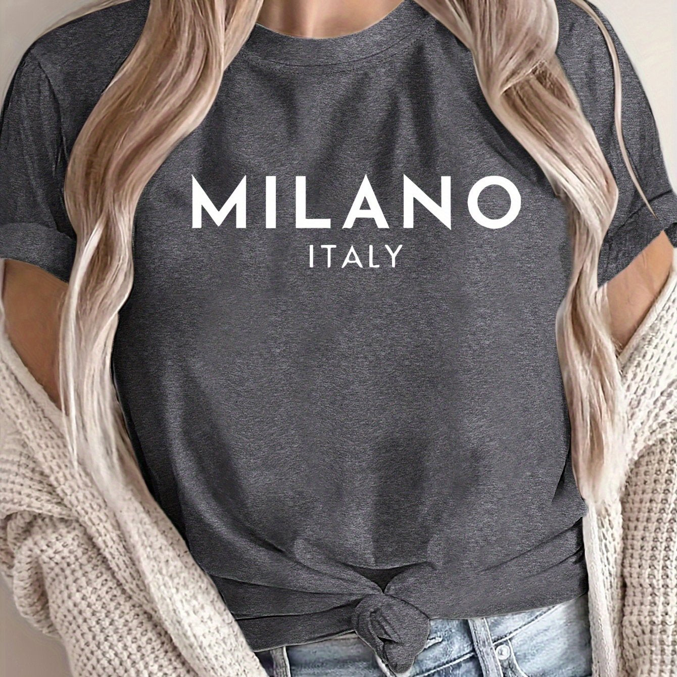MILANO ™️ Women's Casual Polyester T-Shirt with "Milano Italy" Letter Print, Short Sleeve Crew Neck Top, All-Season Knit Fabric Tee, Regular Length - 180gsm