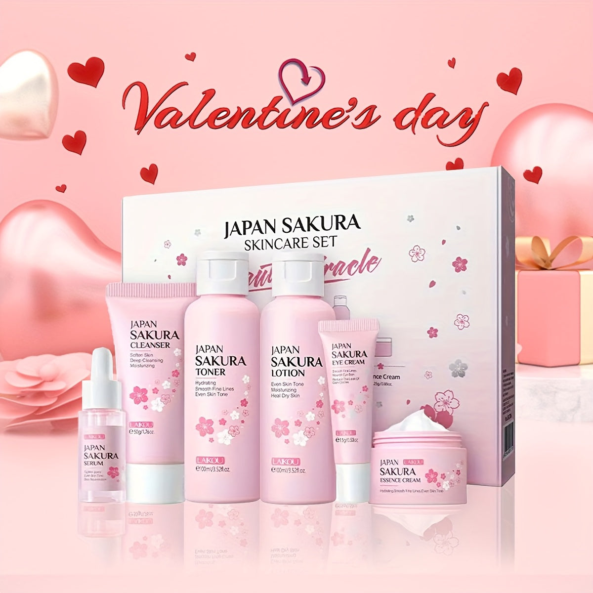6PCS JAPAN SAKURA ™ Skincare Gift Set, Cleanser, Toner, Lotion, Essence, Eye Cream, Serum - For All Skin Types, For Women and Girls