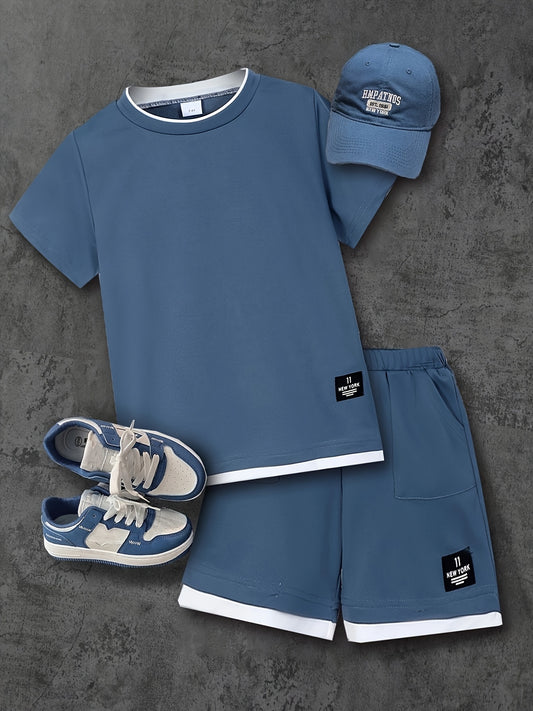 Kisskiddy ™️Two-Piece Set for Tween Boys Casual Shorts Outfit Summer Kids Fashion Solid Color Patchwork Round Neck T-Shirt and Shorts with Pockets