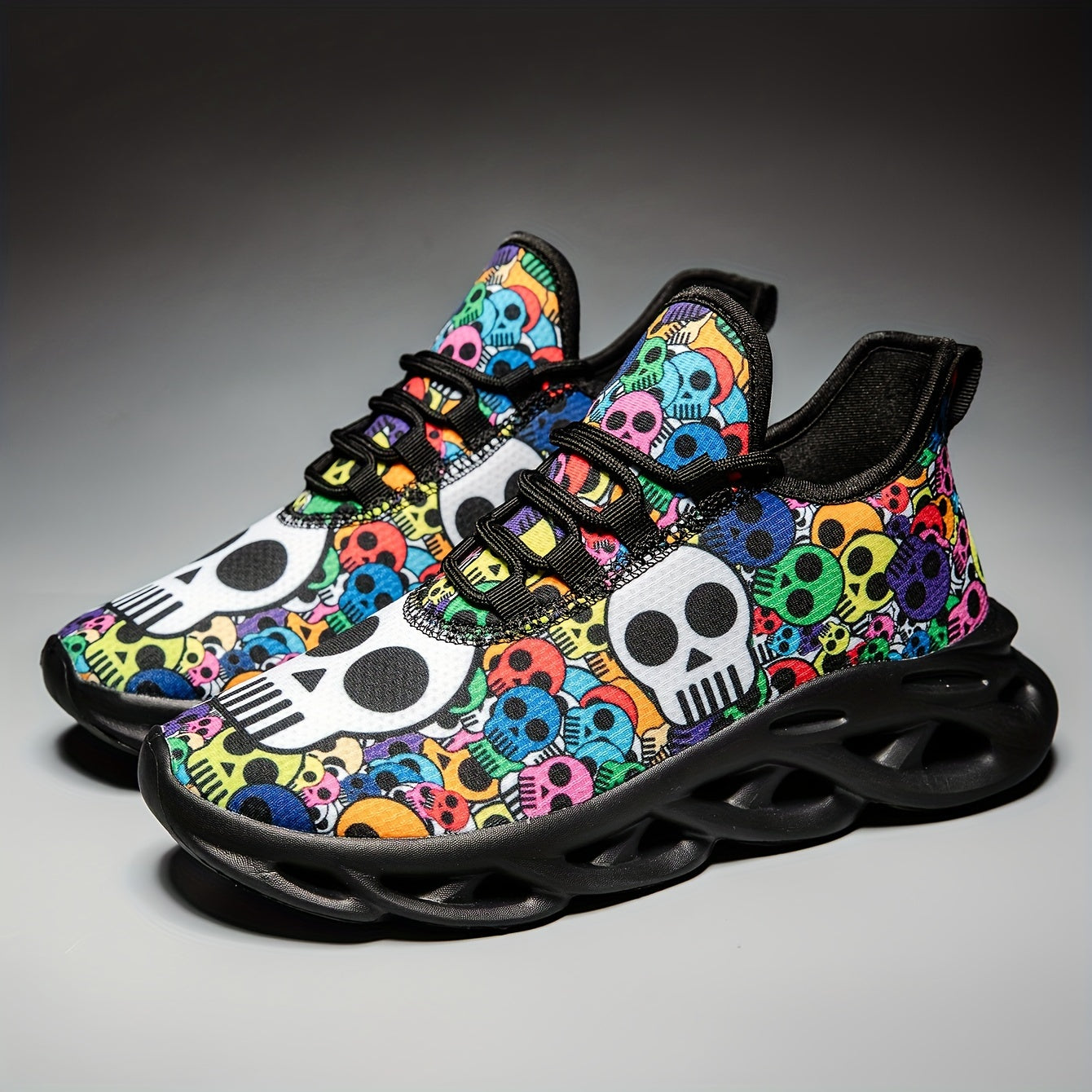 Men's Fashion Sports Sneakers with Cartoon Skull Print - Breathable FabriC