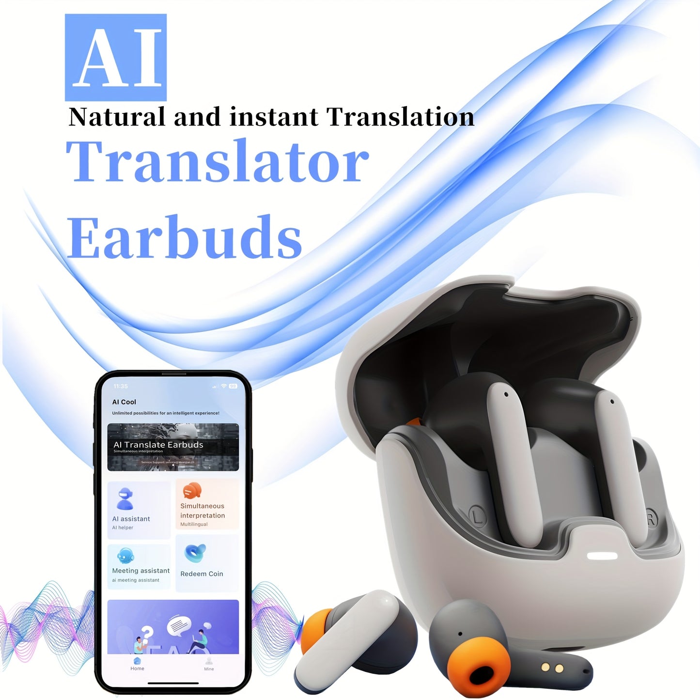 BOOM BOX™️AI Translation Smart Earbuds with 140+ Language Support, ENC Noise-Canceling, Wireless TWS Headphones, Long Battery Life, Music & Call Playback - Black & Orange, Type-C Charging Case Included