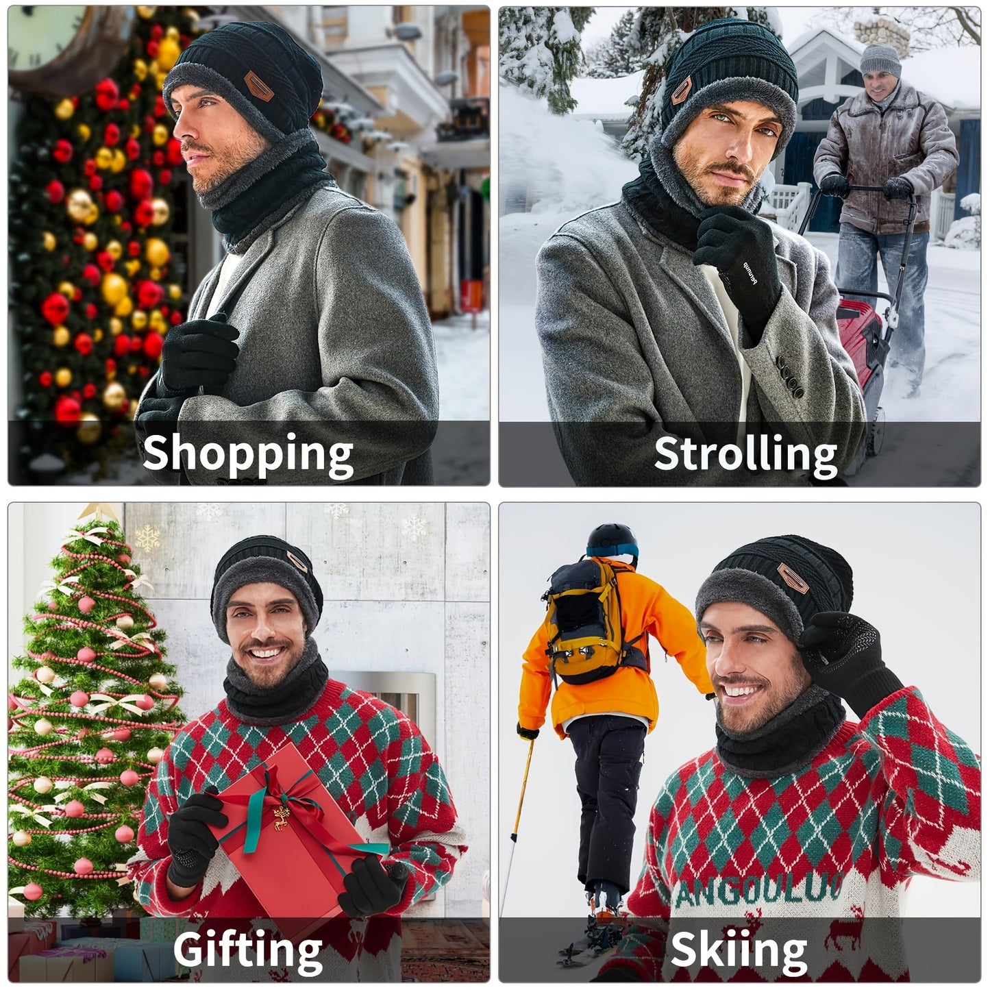 INTERWARM™ 3pcs Men /women Winter Essentials Set: Hat Scarf Gloves Slouchy Beanie Snow Knit Skull Cap Tuch Screen
