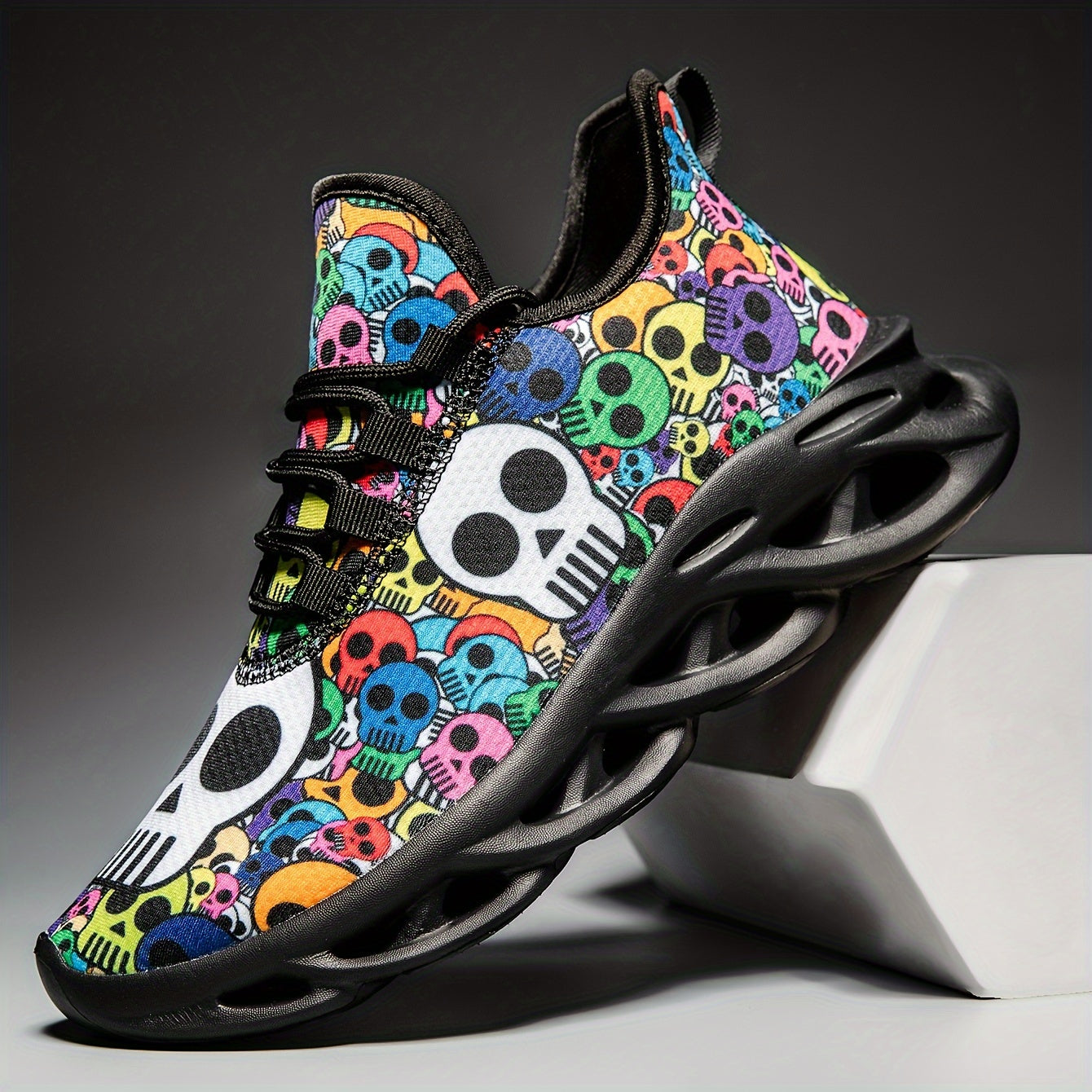 Men's Fashion Sports Sneakers with Cartoon Skull Print - Breathable FabriC