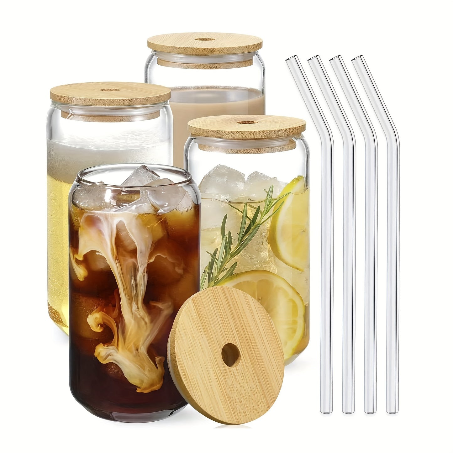 Drinking Glasses With Bamboo Lids And Glass Straw, Can Shaped Glass Cups Beer, Ice Coffee Glasses Cute Tumbler Cup Great For Soda Boba Tea Cocktail