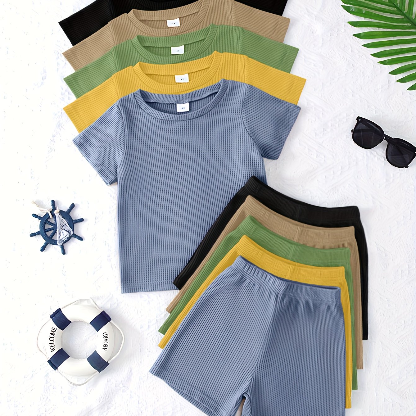 PLAYTIME™️10pcs OUTFIT Boys Casual Style Solid Color Soft and Comfortable Waffle Knit Fabric Short Sleeve Shorts Suit