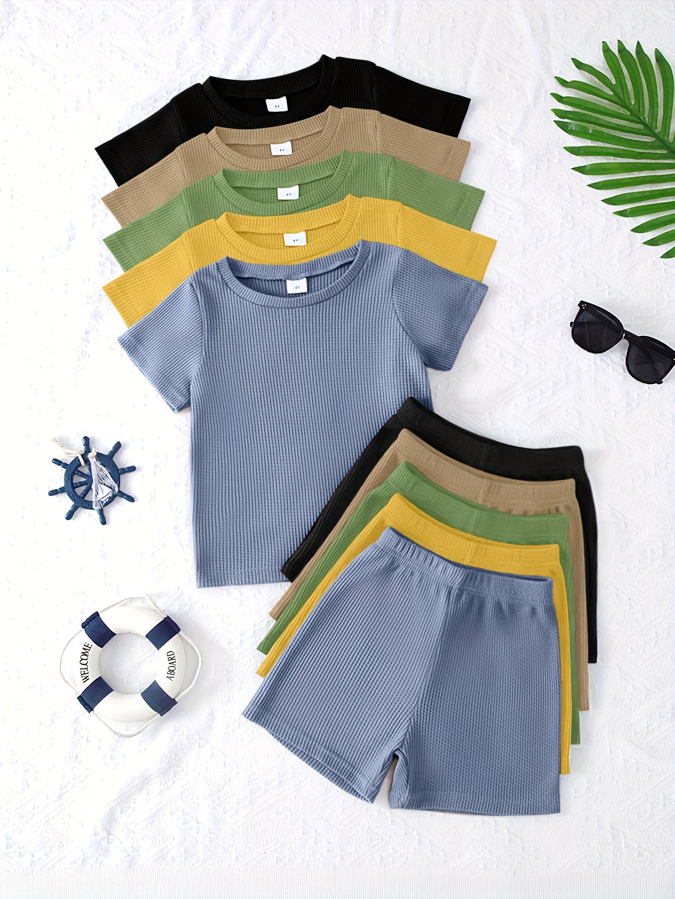 PLAYTIME™️10pcs OUTFIT Boys Casual Style Solid Color Soft and Comfortable Waffle Knit Fabric Short Sleeve Shorts Suit