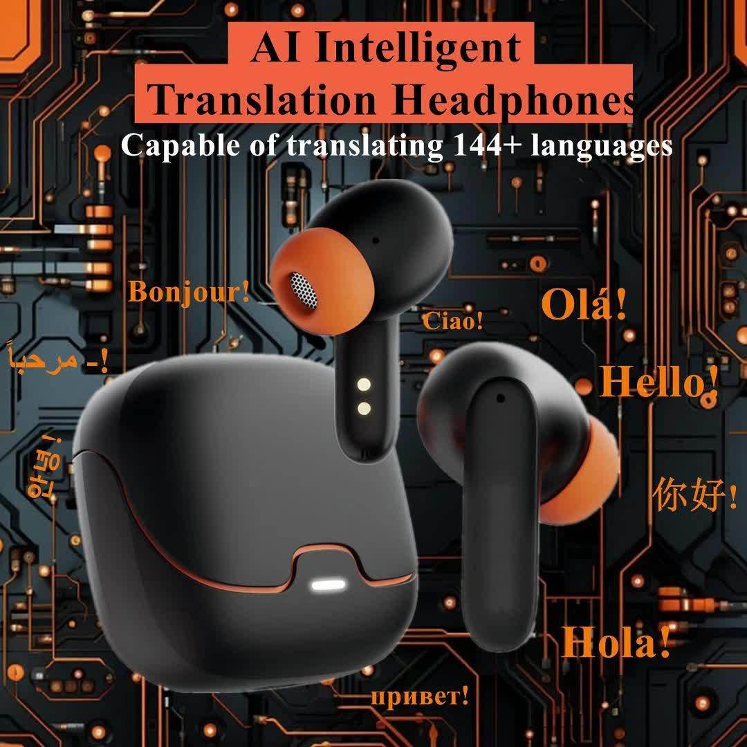 BOOM BOX™️AI Translation Smart Earbuds with 140+ Language Support, ENC Noise-Canceling, Wireless TWS Headphones, Long Battery Life, Music & Call Playback - Black & Orange, Type-C Charging Case Included