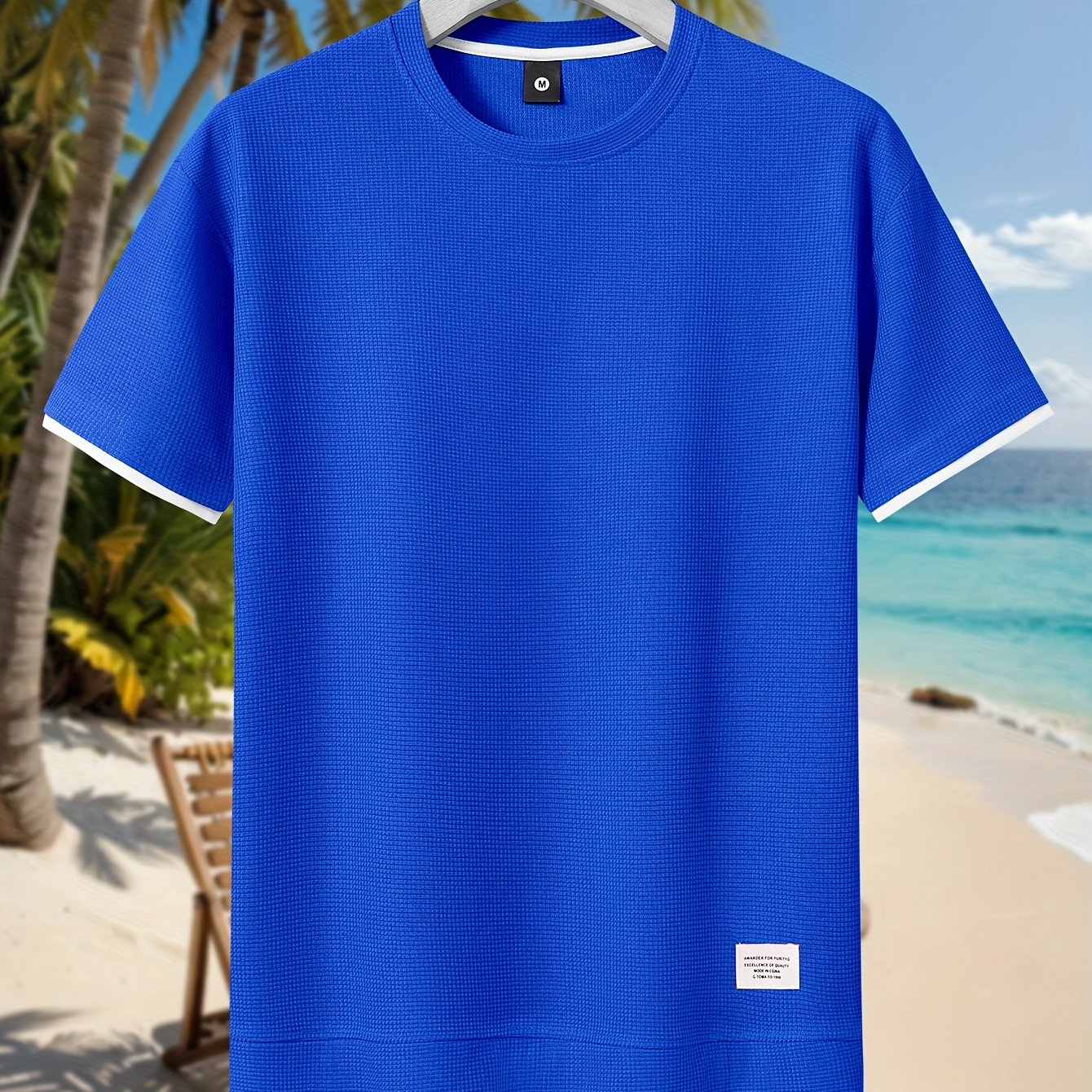 HOTOFF™️Men's Summer Casual Waffle Knit T-Shirt, 100% Polyester Crew Neck Short Sleeve Tee, Geometric Pattern, Slight Stretch, Loose Fit, 180g/m² -