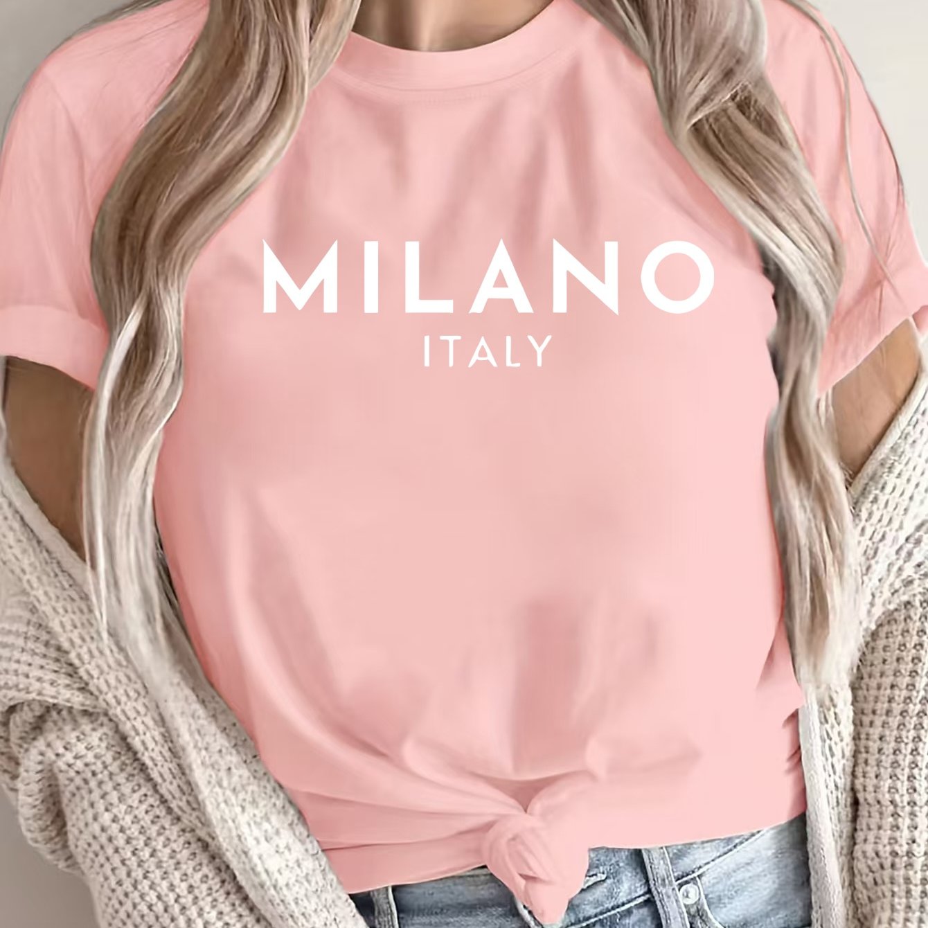 MILANO ™️ Women's Casual Polyester T-Shirt with "Milano Italy" Letter Print, Short Sleeve Crew Neck Top, All-Season Knit Fabric Tee, Regular Length - 180gsm