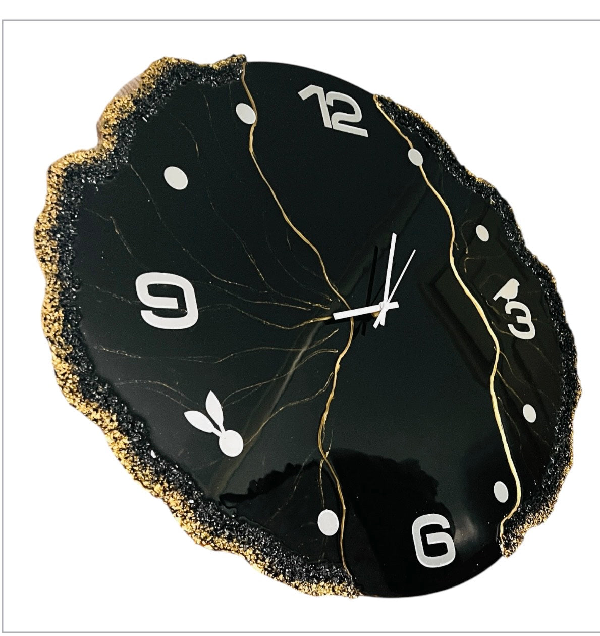 FIZA™️HANDCRAFTED DARK BLACK RESIN WALL CLOCK UNIQUE LUXUARY HOME DECORE, PERFECT GIFT HOUSWRMING