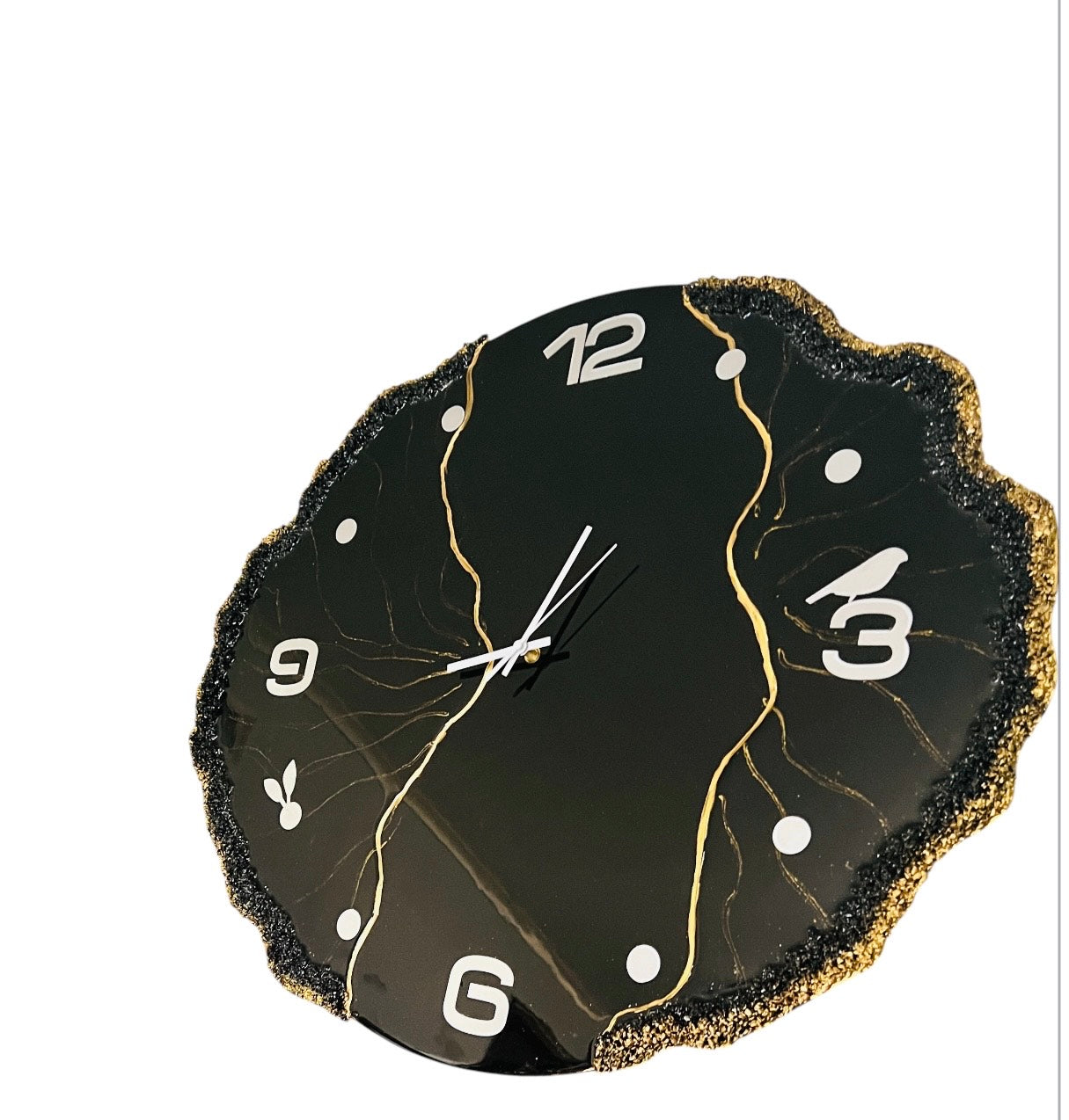FIZA™️HANDCRAFTED DARK BLACK RESIN WALL CLOCK UNIQUE LUXUARY HOME DECORE, PERFECT GIFT HOUSWRMING
