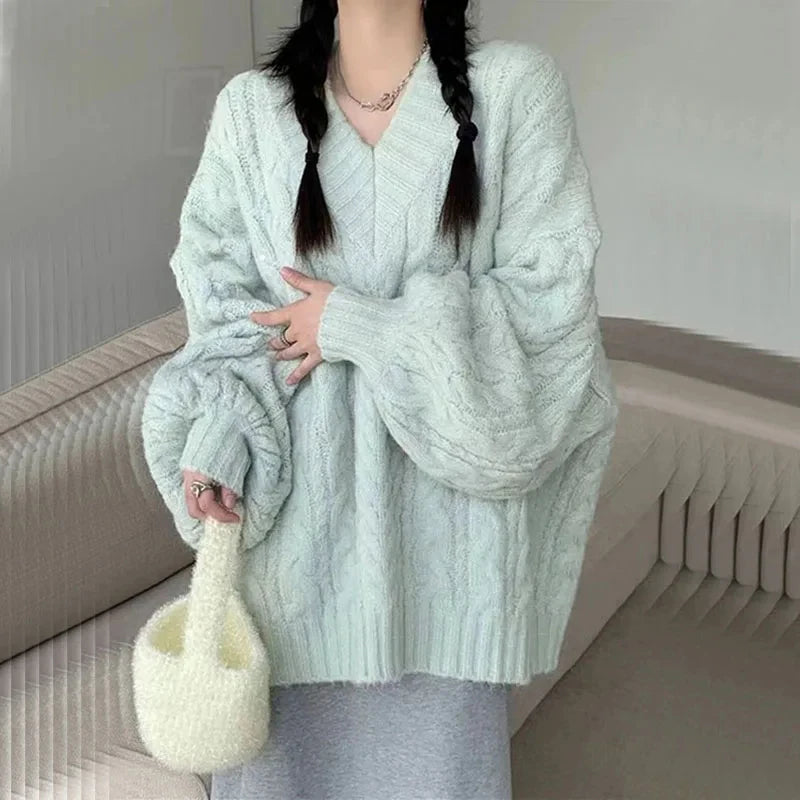 THE COZY COLLECTIVE™ |Adorable Autumn/Winter Sweater for Women, Oversized Knitted Pullovers Long Sleeve V Neck Knitwear