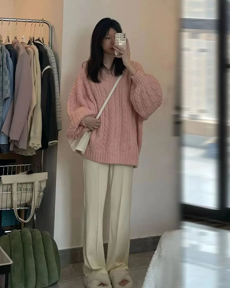 THE COZY COLLECTIVE™ |Adorable Autumn/Winter Sweater for Women, Oversized Knitted Pullovers Long Sleeve V Neck Knitwear