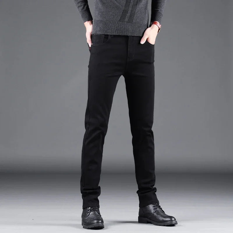 NEXDENIM™ | Men’s Pure Black Slim Jeans – Elastic Straight Fit Korean Vintage Denim Pants for Business & Casual Wear