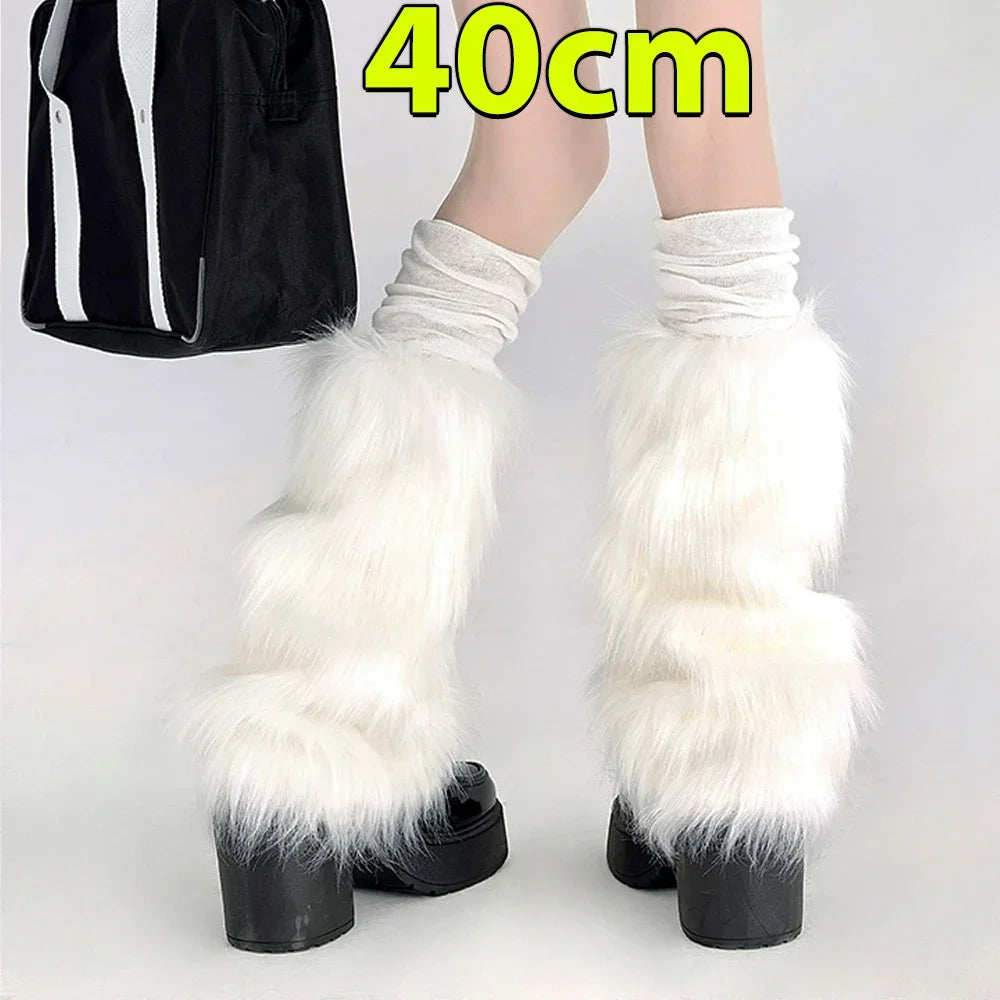 KAWAICORE™ | Lolita Plush Fur Leg Warmers – Japanese Y2K Style, White/Black Thickened Knee-Length Stockings & Boot Covers for Winter