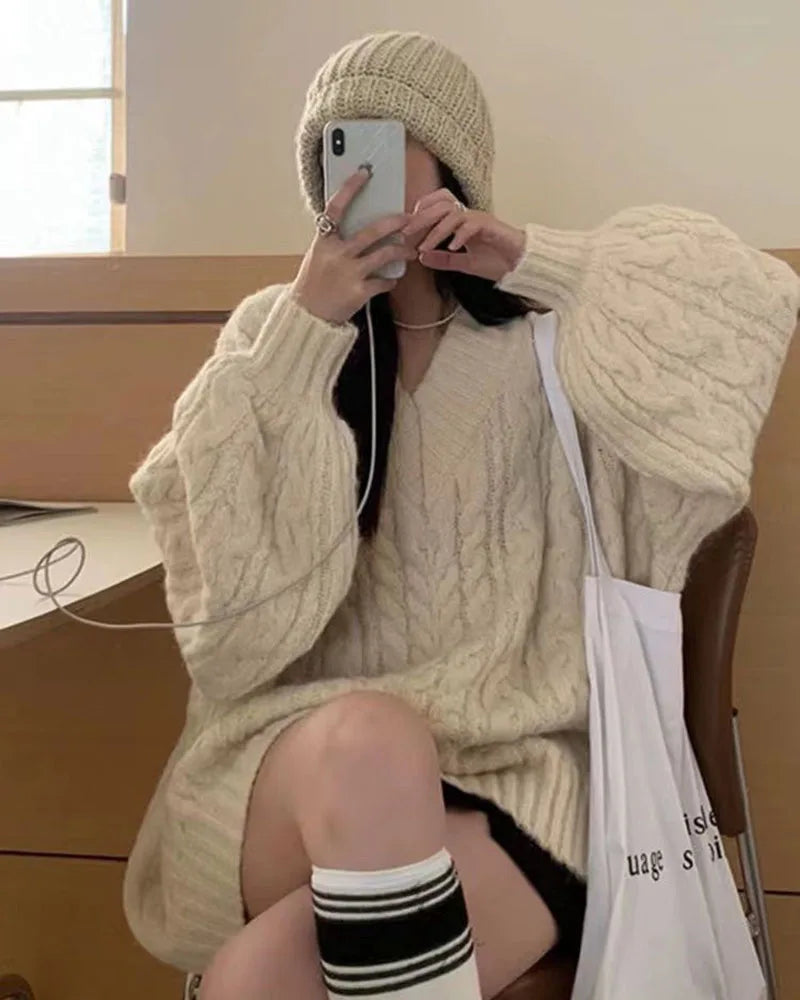 THE COZY COLLECTIVE™ |Adorable Autumn/Winter Sweater for Women, Oversized Knitted Pullovers Long Sleeve V Neck Knitwear