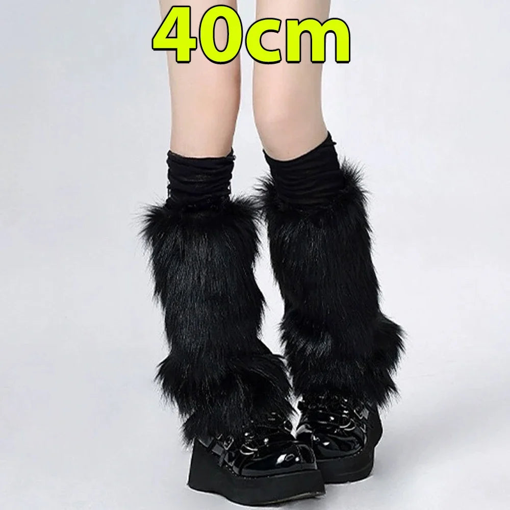 KAWAICORE™ | Lolita Plush Fur Leg Warmers – Japanese Y2K Style, White/Black Thickened Knee-Length Stockings & Boot Covers for Winter