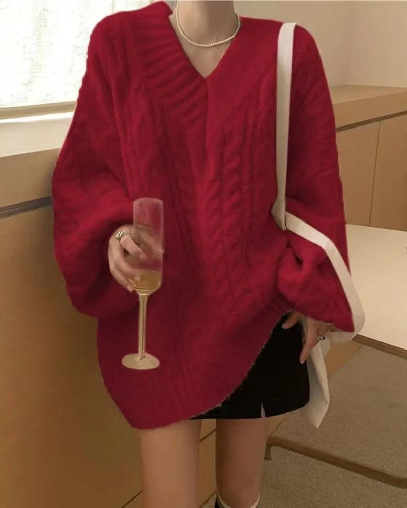 THE COZY COLLECTIVE™ |Adorable Autumn/Winter Sweater for Women, Oversized Knitted Pullovers Long Sleeve V Neck Knitwear