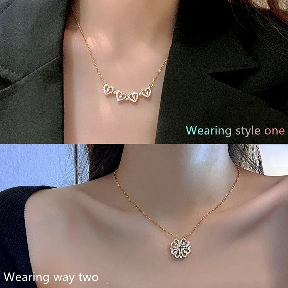 BARE ™️Stainless Steel Love Magnetic Pendant Necklace for Women Clover Necklace Heart Shaped Clover Necklace Pendant Jewelry Gift