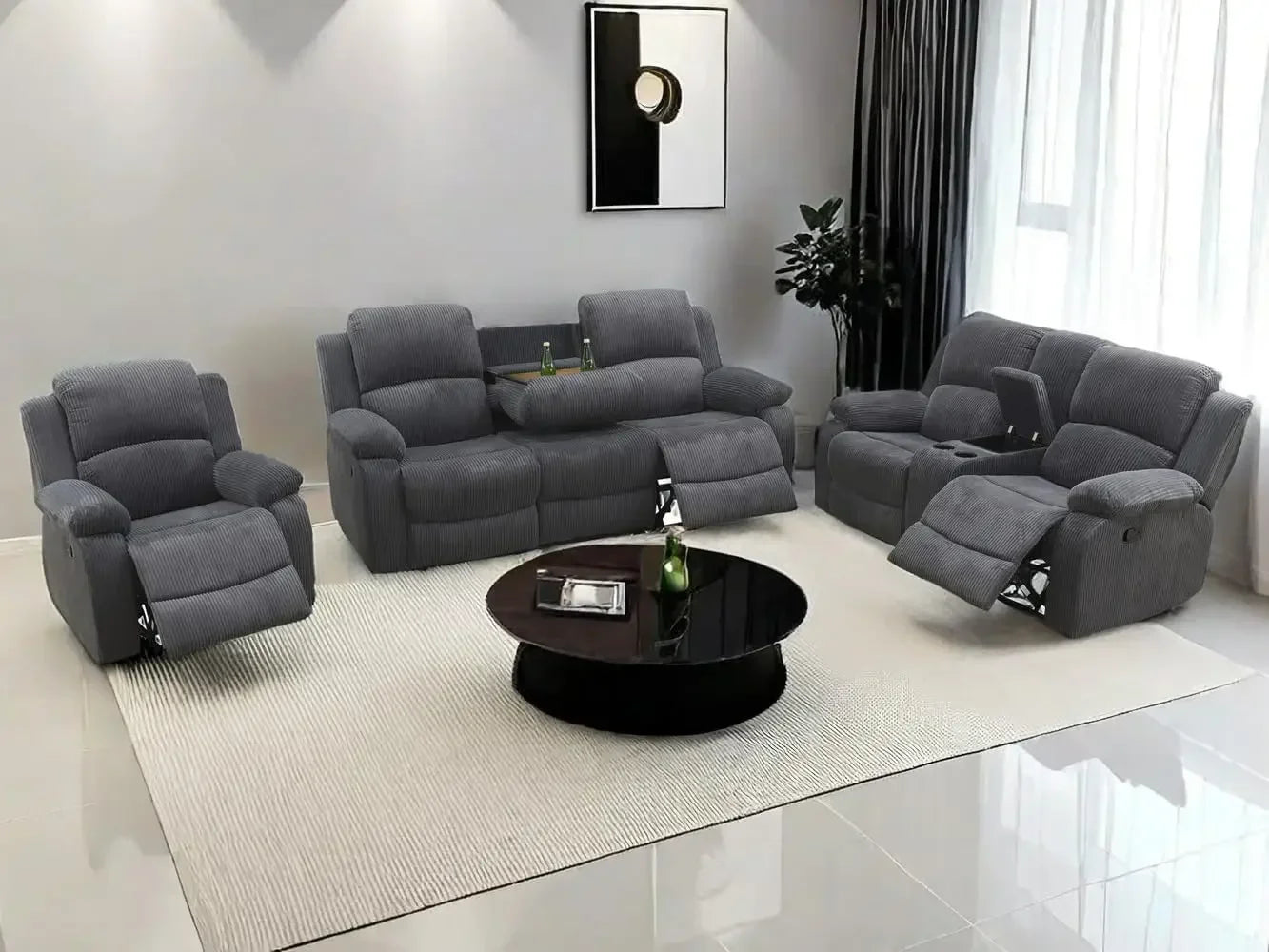 ROYAAL ™Living Room Sofa Set 3PCS Fabric Recliner Sofa Set Loveseat Couch Chair Set with Cup Holders Storage Console Living Room Furniture Sets