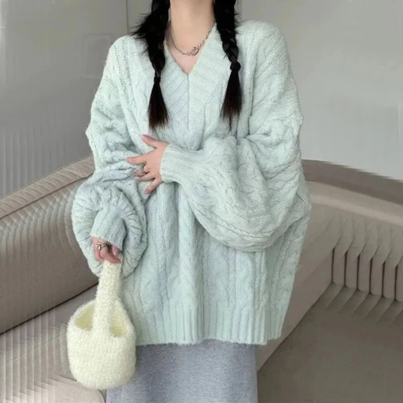 THE COZY COLLECTIVE™ |Adorable Autumn/Winter Sweater for Women, Oversized Knitted Pullovers Long Sleeve V Neck Knitwear