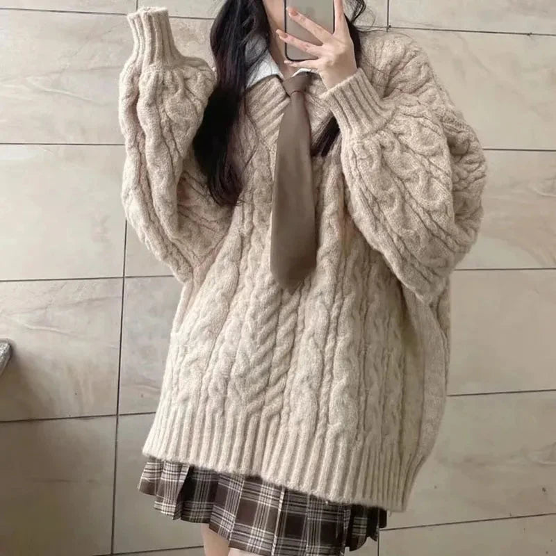 THE COZY COLLECTIVE™ |Adorable Autumn/Winter Sweater for Women, Oversized Knitted Pullovers Long Sleeve V Neck Knitwear