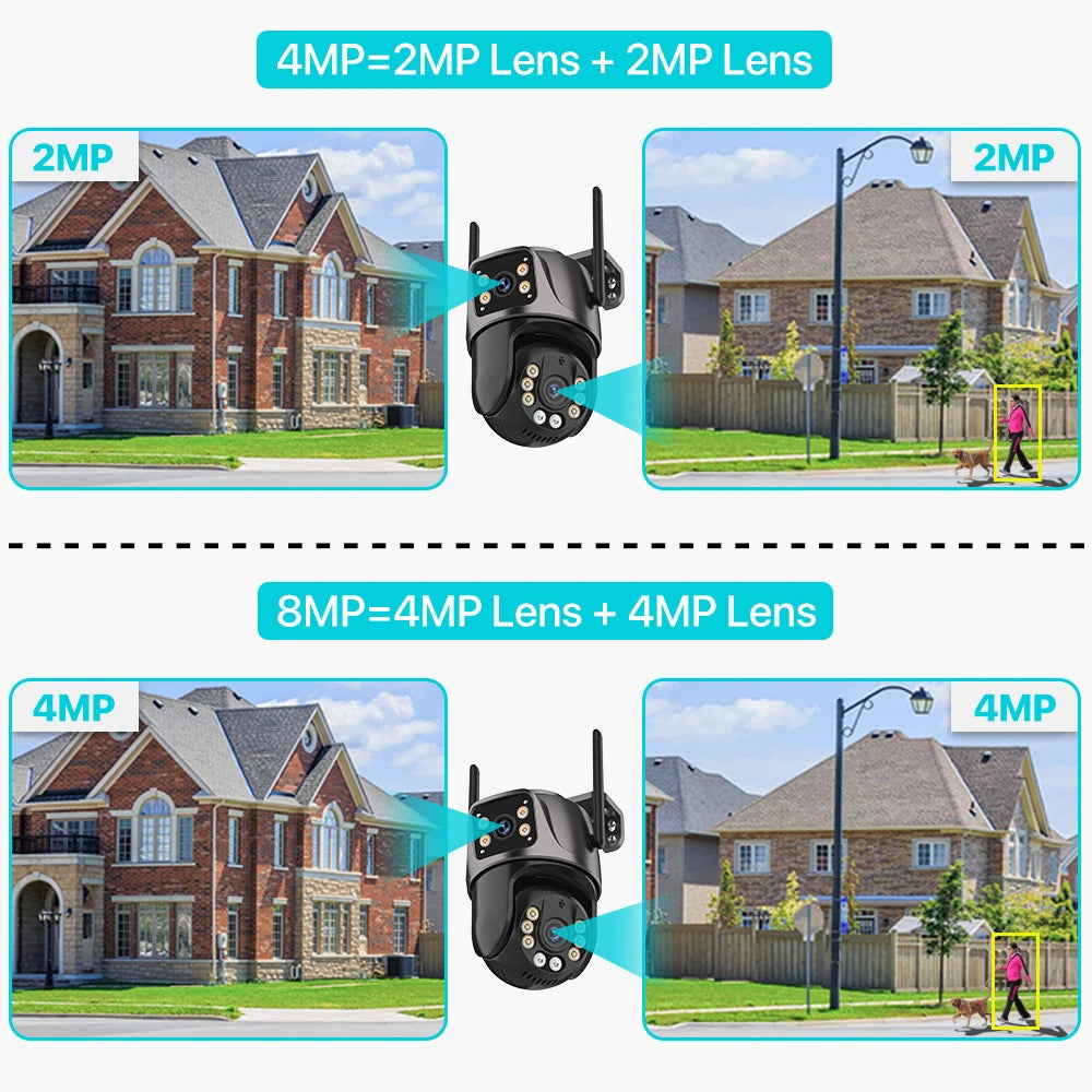 ZOONE™️Security Camera 4K 8MP HD Wifi PTZ Camera Outdoor 4MP Dual Lens Dual Screen AI Auto Tracking IP Camera CCTV Audio Video Surveillance P2P iCSee