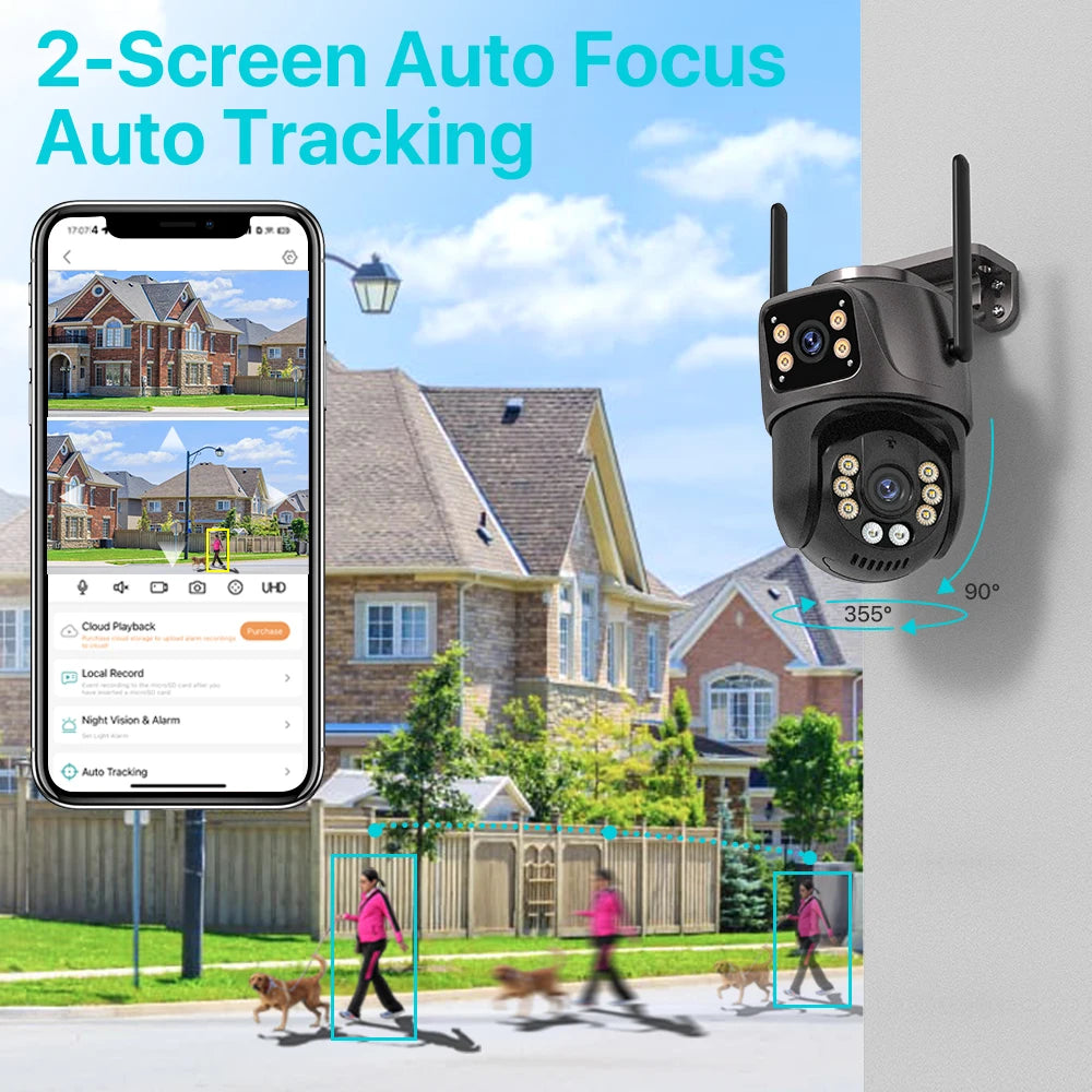 ZOONE™️Security Camera 4K 8MP HD Wifi PTZ Camera Outdoor 4MP Dual Lens Dual Screen AI Auto Tracking IP Camera CCTV Audio Video Surveillance P2P iCSee