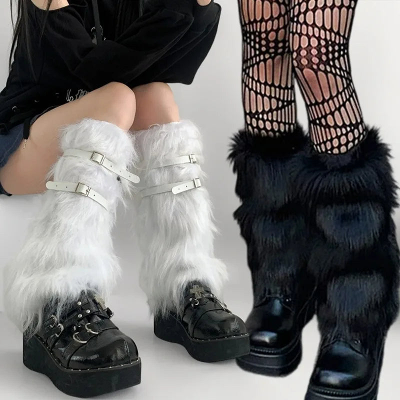 KAWAICORE™ | Lolita Plush Fur Leg Warmers – Japanese Y2K Style, White/Black Thickened Knee-Length Stockings & Boot Covers for Winter