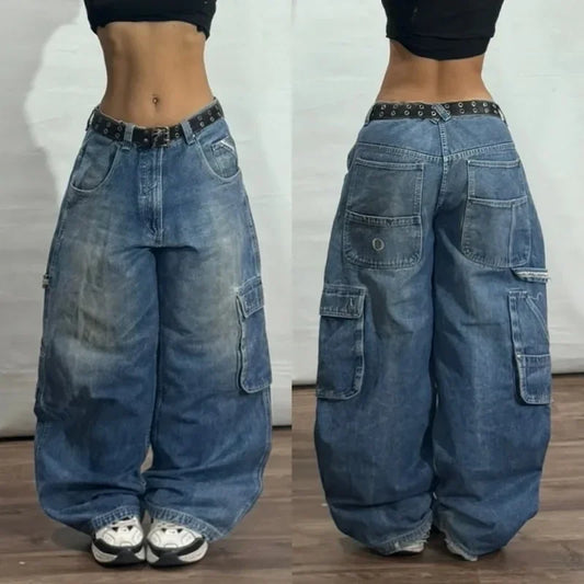 URBANY2K™ | Vintage Embroidered Baggy Jeans – Unisex Wide-Leg High Street Pants, Y2K Retro Hip Hop Casual Couple Style