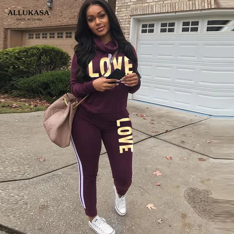 Let's Get DRESSED2 Piece Set Women Outfit LOVE Letter Print High Neck Hoodies Sweatshirt Pants Tracksuit 2022 Plus Size Streetwear Casual Suit