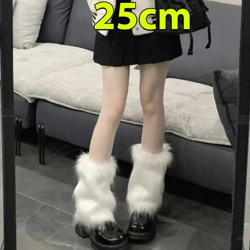 KAWAICORE™ | Lolita Plush Fur Leg Warmers – Japanese Y2K Style, White/Black Thickened Knee-Length Stockings & Boot Covers for Winter