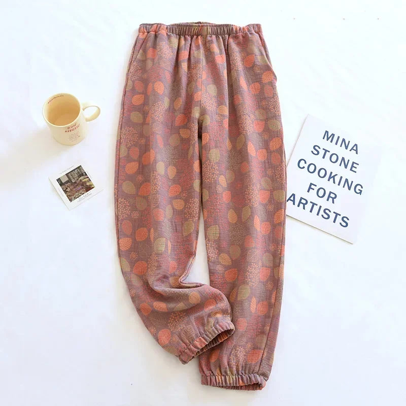 WOMAZE™ 2025 New Spring Summer Women's Pajamas 100% Cotton Crepe Pants Women's Comfortable Loose Large Leaf Home Pants Thin bottoms