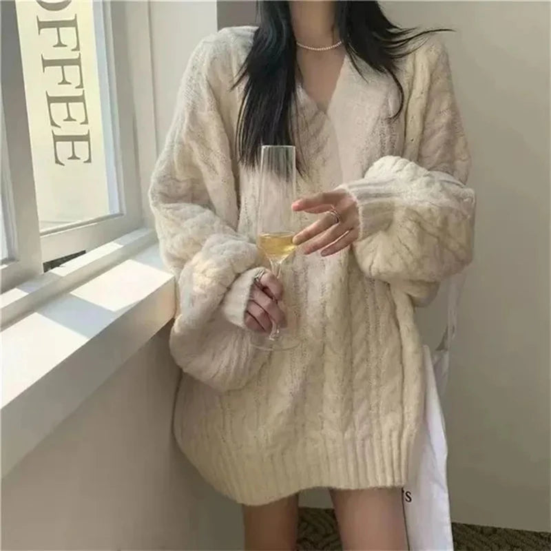 THE COZY COLLECTIVE™ |Adorable Autumn/Winter Sweater for Women, Oversized Knitted Pullovers Long Sleeve V Neck Knitwear