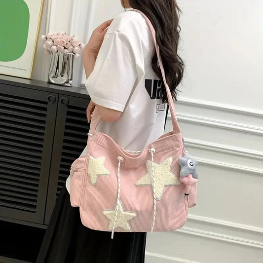 STARLOOM™ Simple Star Pattern Large Tote Bag, Corduroy Drawstring Shoulder Bag, Cute Tote Canvas Bag