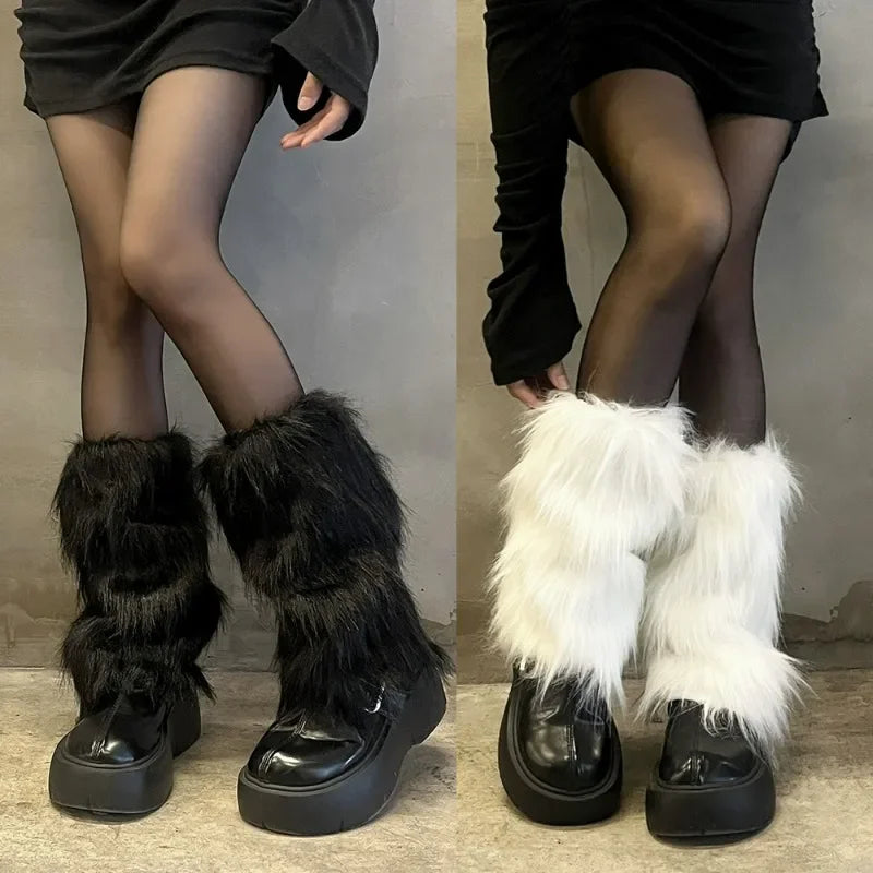 KAWAICORE™ | Lolita Plush Fur Leg Warmers – Japanese Y2K Style, White/Black Thickened Knee-Length Stockings & Boot Covers for Winter