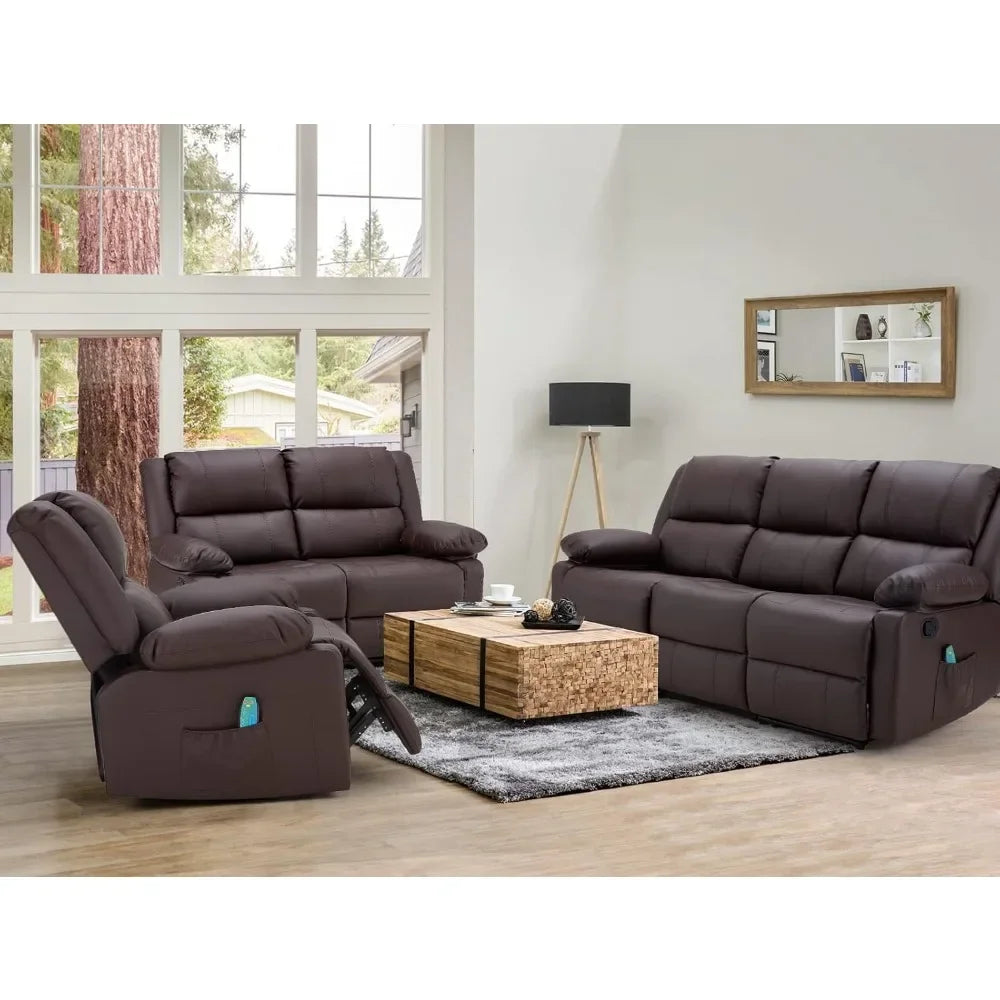 COMFYCOVE™ 3 Pieces Recliner Sofa Set, Overstuffed Recliner Sofa with Massage AND Heat Function, Modern Manual Control Faux Leather Couch Set