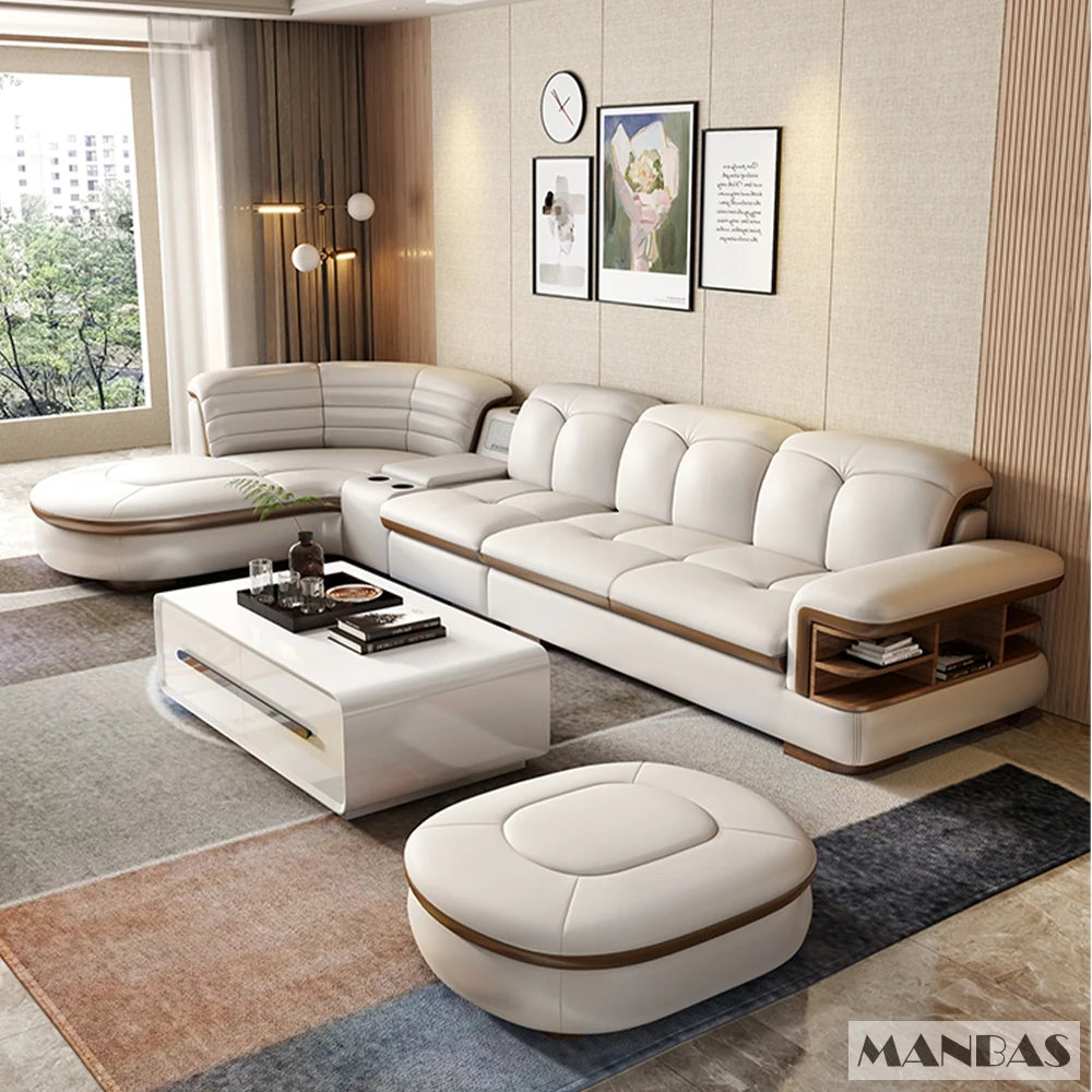 EXTRALUX ™Luxury L-Shaped Genuine Leather Sectional Sofa Sets with USB, Bluetooth Speaker - MINGDIBAO Living Room Italian Leather Couches