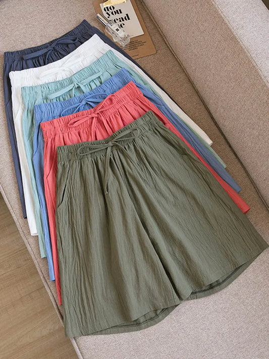 DOZW™️GIRL, Women shorts Summer Casual Solid Cotton Linen shorts high waist loose shorts for girls Soft Cool female shorts M-3XL