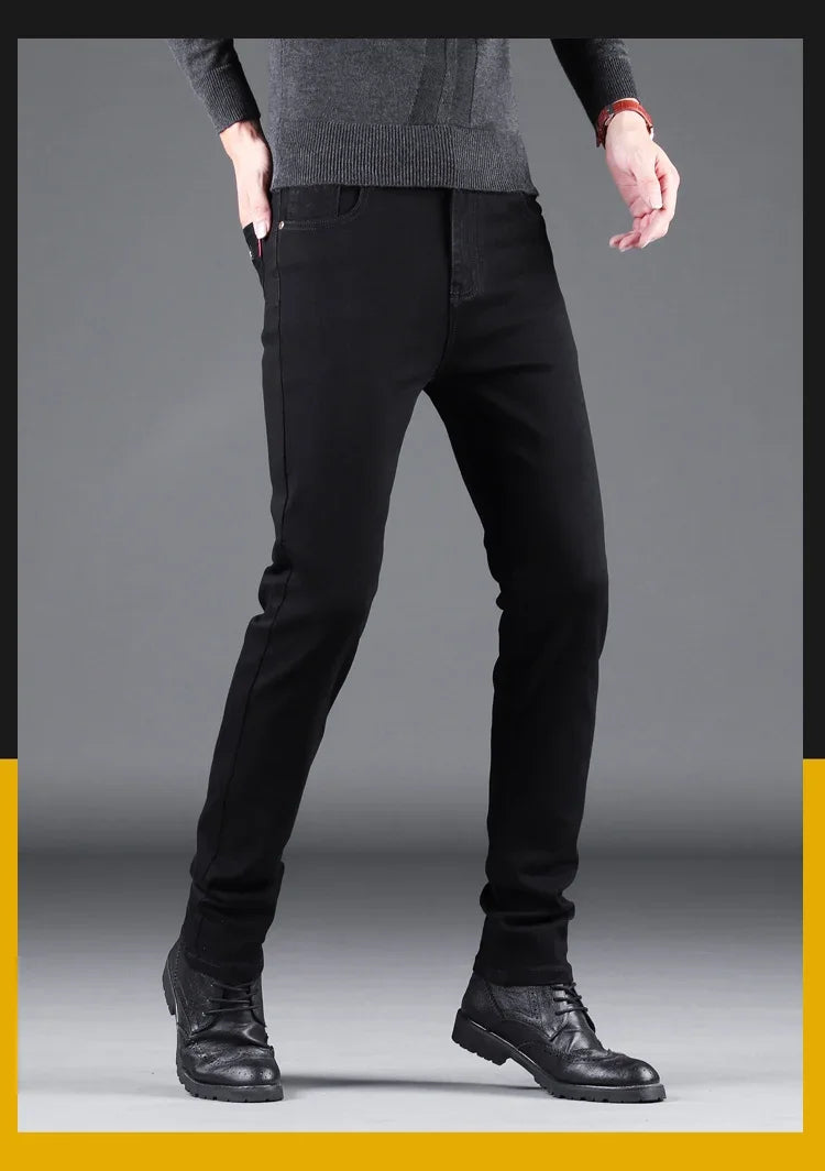 NEXDENIM™ | Men’s Pure Black Slim Jeans – Elastic Straight Fit Korean Vintage Denim Pants for Business & Casual Wear