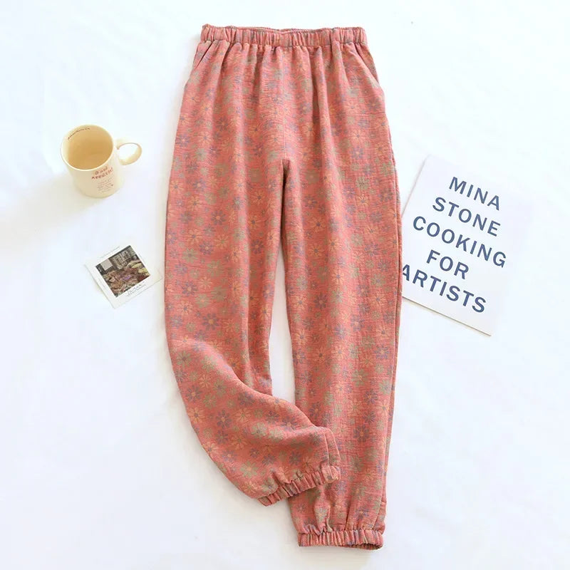 WOMAZE™ 2025 New Spring Summer Women's Pajamas 100% Cotton Crepe Pants Women's Comfortable Loose Large Leaf Home Pants Thin bottoms