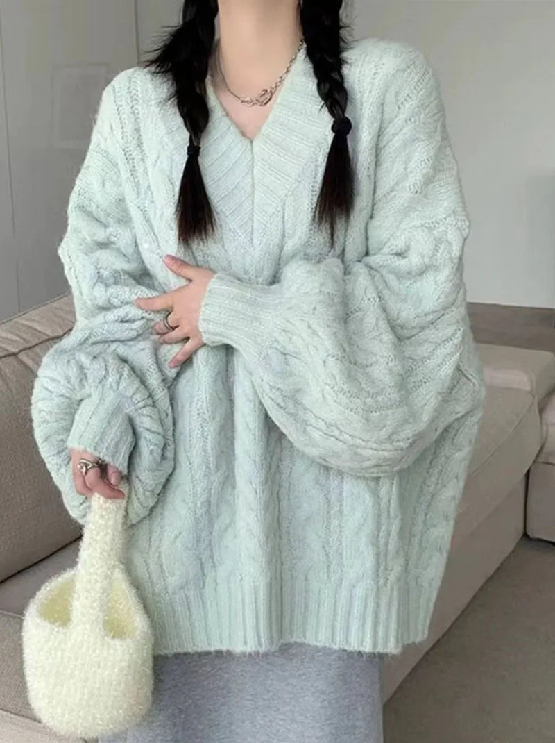 THE COZY COLLECTIVE™ |Adorable Autumn/Winter Sweater for Women, Oversized Knitted Pullovers Long Sleeve V Neck Knitwear