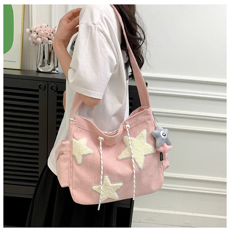 STARLOOM™ Simple Star Pattern Large Tote Bag, Corduroy Drawstring Shoulder Bag, Cute Tote Canvas Bag