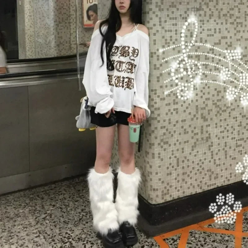 KAWAICORE™ | Lolita Plush Fur Leg Warmers – Japanese Y2K Style, White/Black Thickened Knee-Length Stockings & Boot Covers for Winter