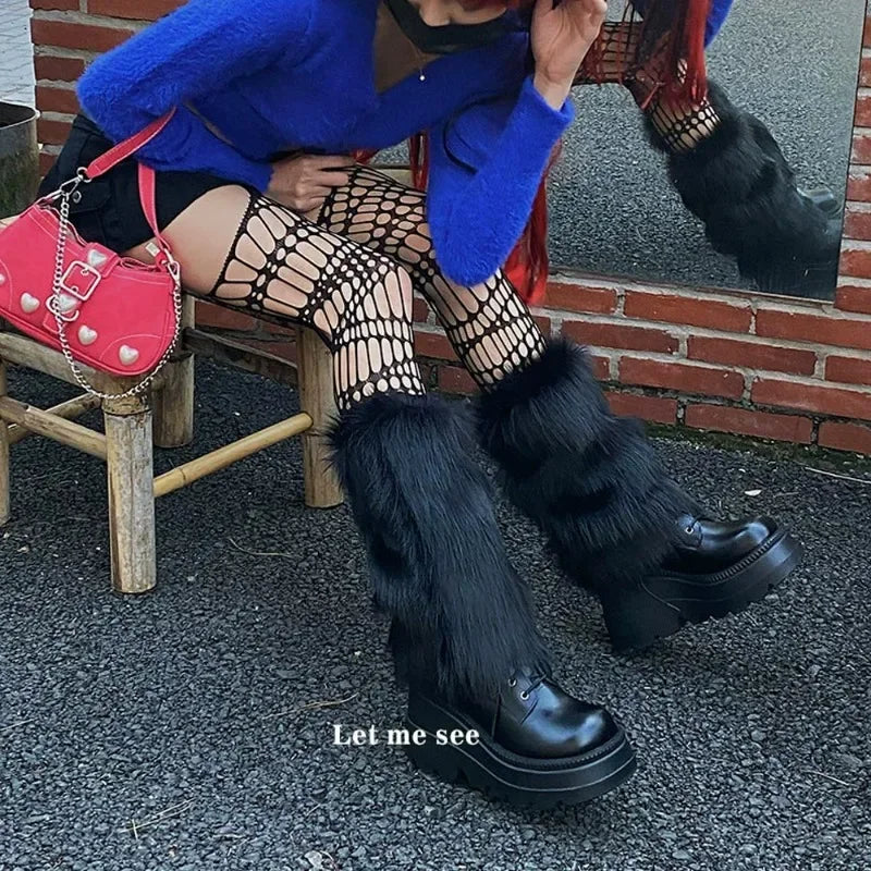 KAWAICORE™ | Lolita Plush Fur Leg Warmers – Japanese Y2K Style, White/Black Thickened Knee-Length Stockings & Boot Covers for Winter