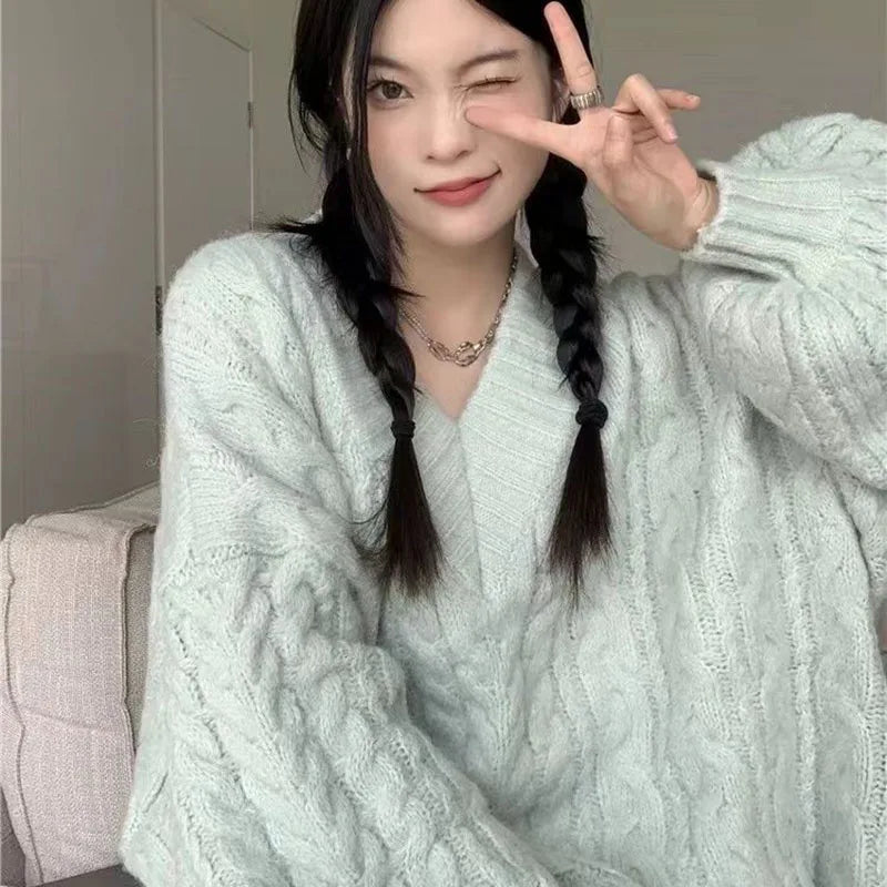 THE COZY COLLECTIVE™ |Adorable Autumn/Winter Sweater for Women, Oversized Knitted Pullovers Long Sleeve V Neck Knitwear