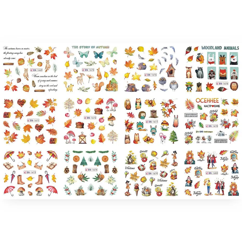 UP nail™ 12pcs Fall Gold Leaves Nail Stickers Sliders for Manicure Maple Leaf Nail Art Water Transfer Decals Foils Autumn Decorations