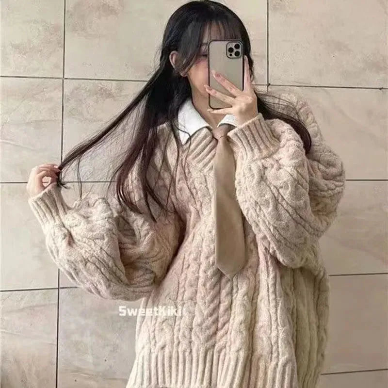 THE COZY COLLECTIVE™ |Adorable Autumn/Winter Sweater for Women, Oversized Knitted Pullovers Long Sleeve V Neck Knitwear