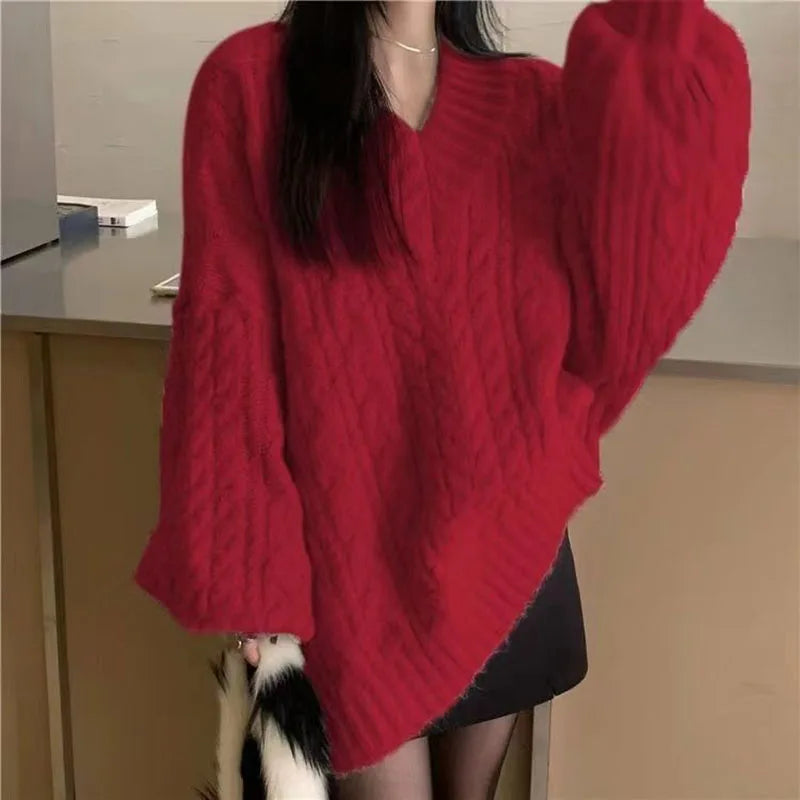 THE COZY COLLECTIVE™ |Adorable Autumn/Winter Sweater for Women, Oversized Knitted Pullovers Long Sleeve V Neck Knitwear