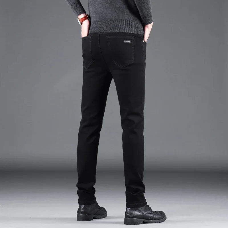NEXDENIM™ | Men’s Pure Black Slim Jeans – Elastic Straight Fit Korean Vintage Denim Pants for Business & Casual Wear
